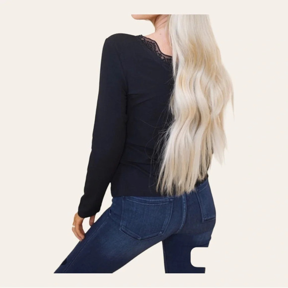 1273. LONG SLEEVE TOP RIBBED WITH LACE ON NECKLINE SIZE X-LARGE BLACK - Picture 3 of 12